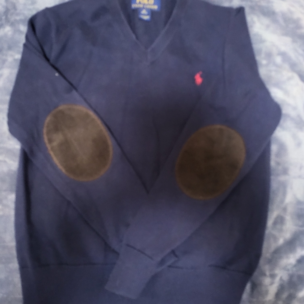 Navy Blue V-Neck Sweater with Brown Elbow Patches